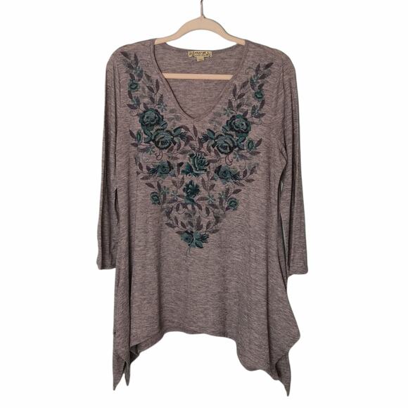 ENERGE WORLD WEAR Womens L Gray Tunic Top V-Neck 3/4 Sleeve Floral Print Stretch - Picture 1 of 5